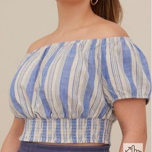 Torrid Linen Blend Smocked Waist Off-Shoulder Crop Top Multi BNWT 5